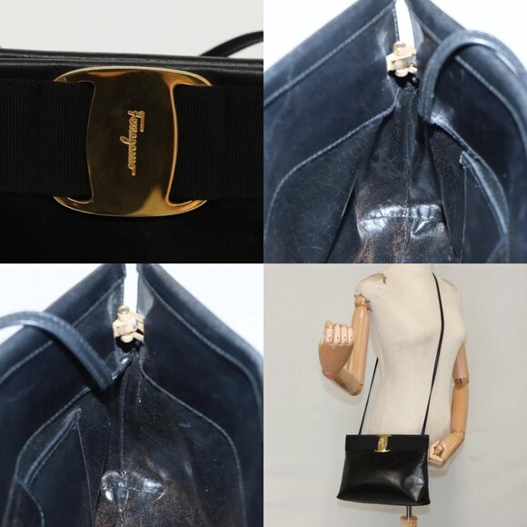 Salvatore Ferragamo Vala Shoulder Bag Leather Black Gold Auth bs19916